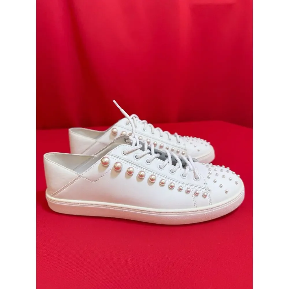 New US Sz 9 ❤️ Stuart Weitzman White Leather Lace-up Pearl Sneakers